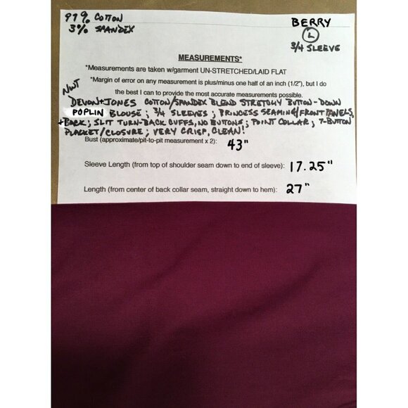 DEVON & JONES Stretch Poplin Button-down Blouse, BERRY, NWT, Size L - Picture 7 of 7